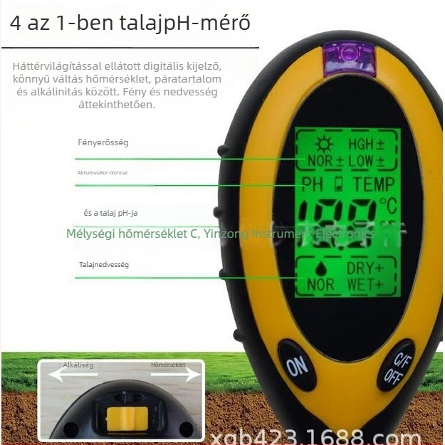 Négy az egyben talajmonitor: pH, nedvesség, hőmérséklet és fény mérés; digitális kijelző; mérési pontosság 0,1; alkalmas virág- és zöldségkerti és üvegházas ültetésre