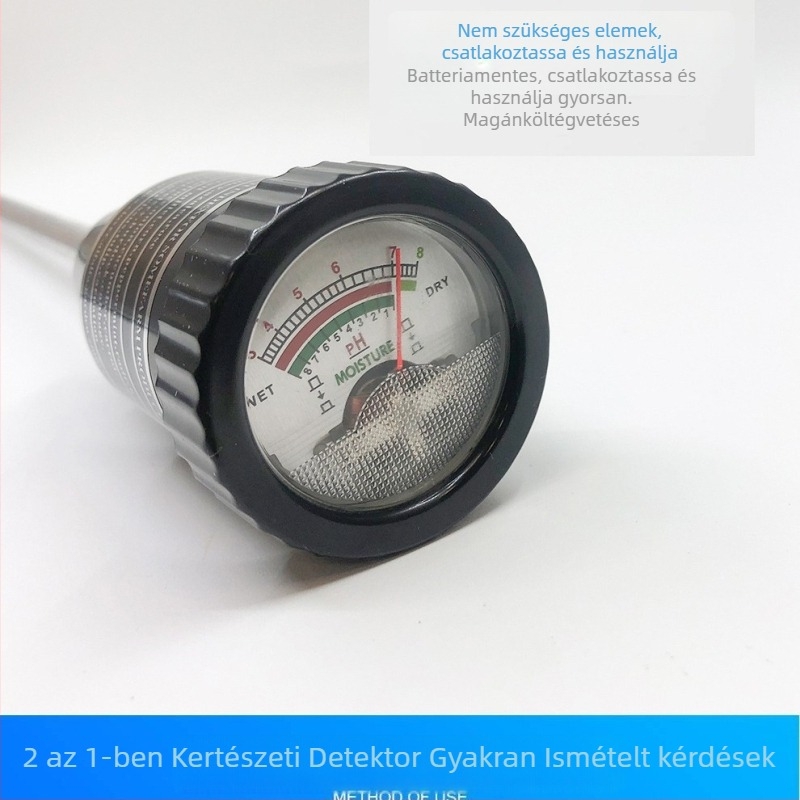 Kétfunkciós talajnedvesség és pH mérő, hordozható készülék, modell JY079, pontosság ±0.1, tömeg 236 g, cserepes növényekhez, kerthez és üvegházhoz