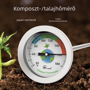 Rozsdamentes acél talaj- és komposzthőmérő tűs szondával kerti használatra
