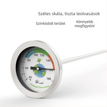 Rozsdamentes acél talaj- és komposzthőmérő tűs szondával kerti használatra