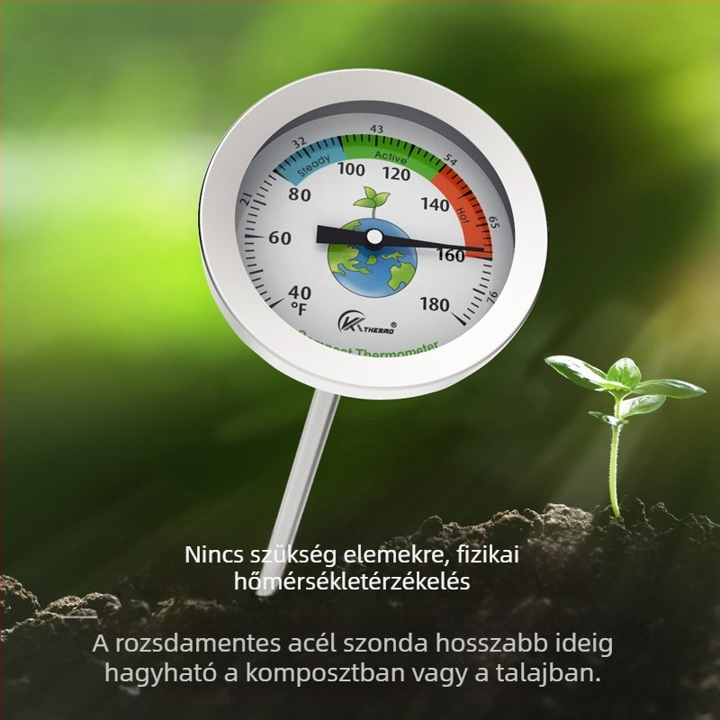 Rozsdamentes acél talaj- és komposzthőmérő tűs szondával kerti használatra