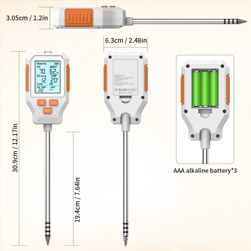 Talajvizsgáló 7 az 1-ben: pH ±0,5, Páratartalom ±10%, EC, Fény, Termékenység