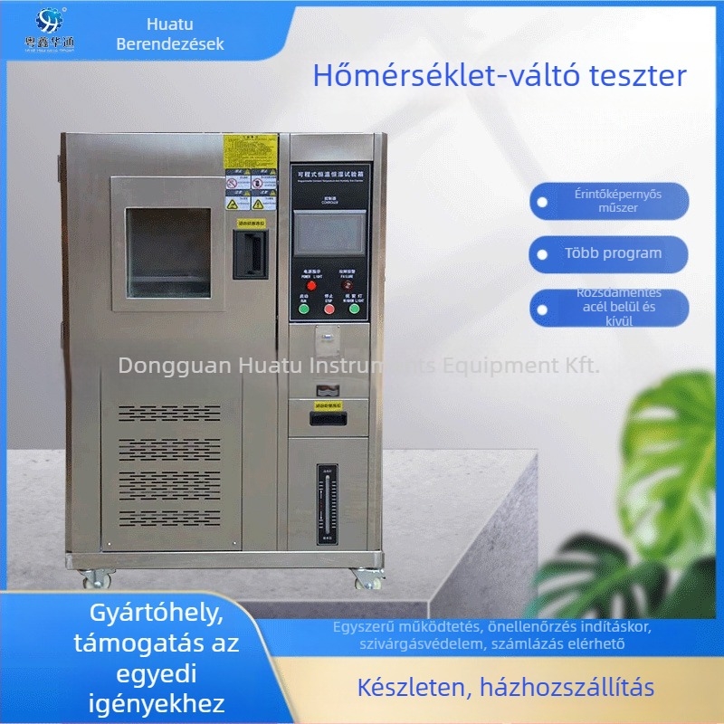 100 L állandó hőmérséklet- és páratartalmú vizsgálati kamra, -40–150 °C tartomány, egyenletesség 2.0 °C, ingadozás 1.5 °C, automata hőmérséklet-szabályozás, laboratóriumi használatra