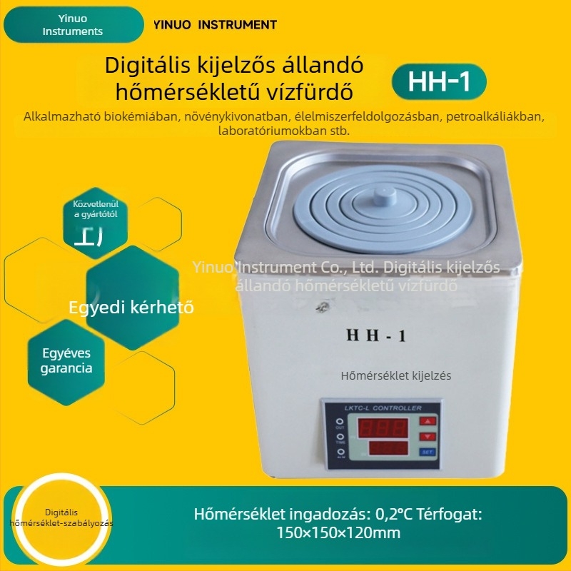 Laboratóriumi vízfürdő digitális hőmérséklet-szabályozással – rozsdamentes acél tartály, Modell Hh-4j, Hőmérséklet-tartomány a környezeti hőmérséklettől 99,9°C-ig, Pontosság ±0,5°C