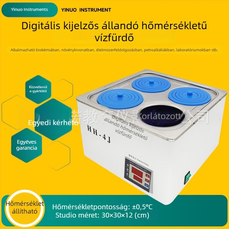 Laboratóriumi vízfürdő digitális hőmérséklet-szabályozással – rozsdamentes acél tartály, Modell Hh-4j, Hőmérséklet-tartomány a környezeti hőmérséklettől 99,9°C-ig, Pontosság ±0,5°C