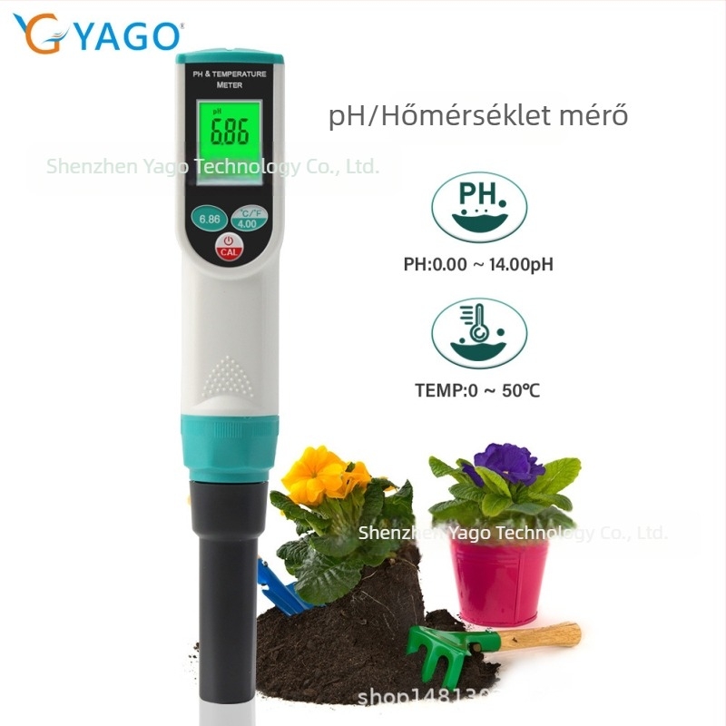 PH-2023-D YAGO: 2-in-1 talaj pH- és hőmérséklet-mérő, tűszenzor, pH-tartomány 0.00-14.00