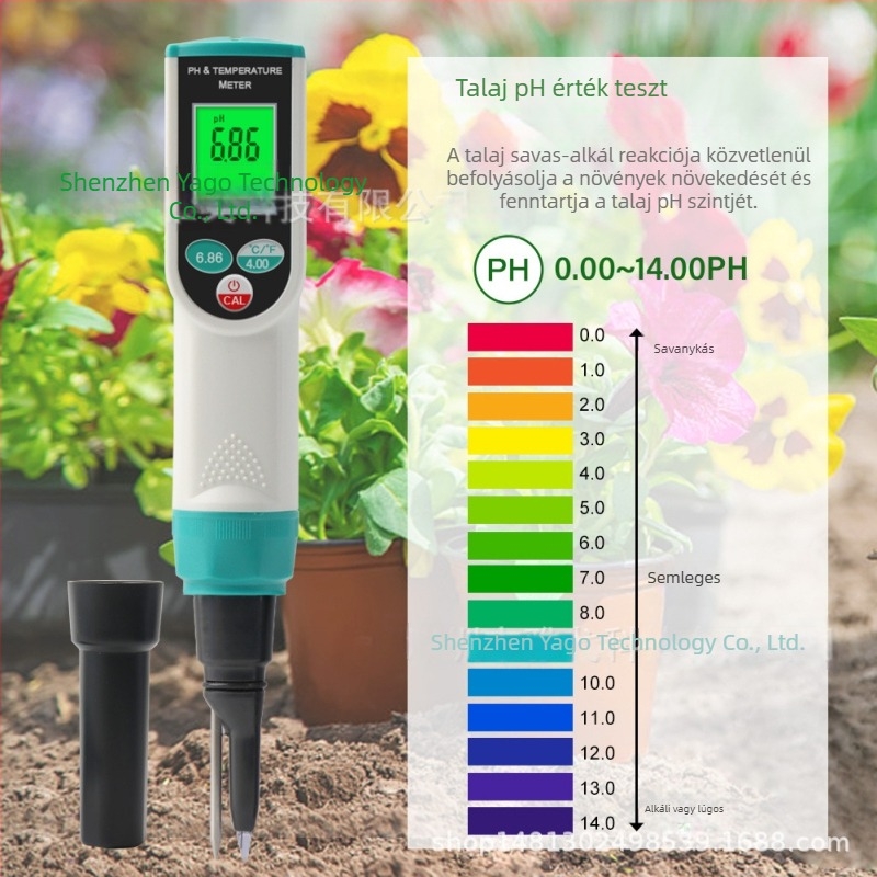 PH-2023-D YAGO: 2-in-1 talaj pH- és hőmérséklet-mérő, tűszenzor, pH-tartomány 0.00-14.00