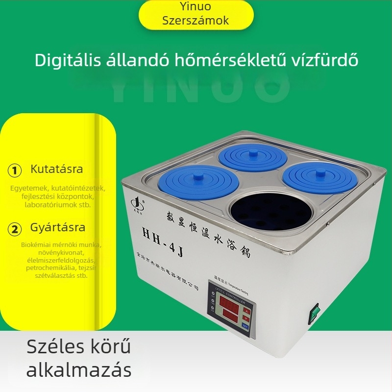 Digitális kijelzős állandó hőmérsékletű vízfürdő, rozsdamentes acél tartály, modell HH-4J, 4/6 lyukú kivitel, laboratóriumi használatra, hőmérséklet-tartomány: környezeti hőmérséklet–99.9°C, pontosság ±0.5°C