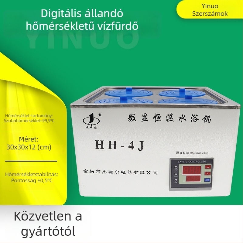Digitális kijelzős állandó hőmérsékletű vízfürdő, rozsdamentes acél tartály, modell HH-4J, 4/6 lyukú kivitel, laboratóriumi használatra, hőmérséklet-tartomány: környezeti hőmérséklet–99.9°C, pontosság ±0.5°C