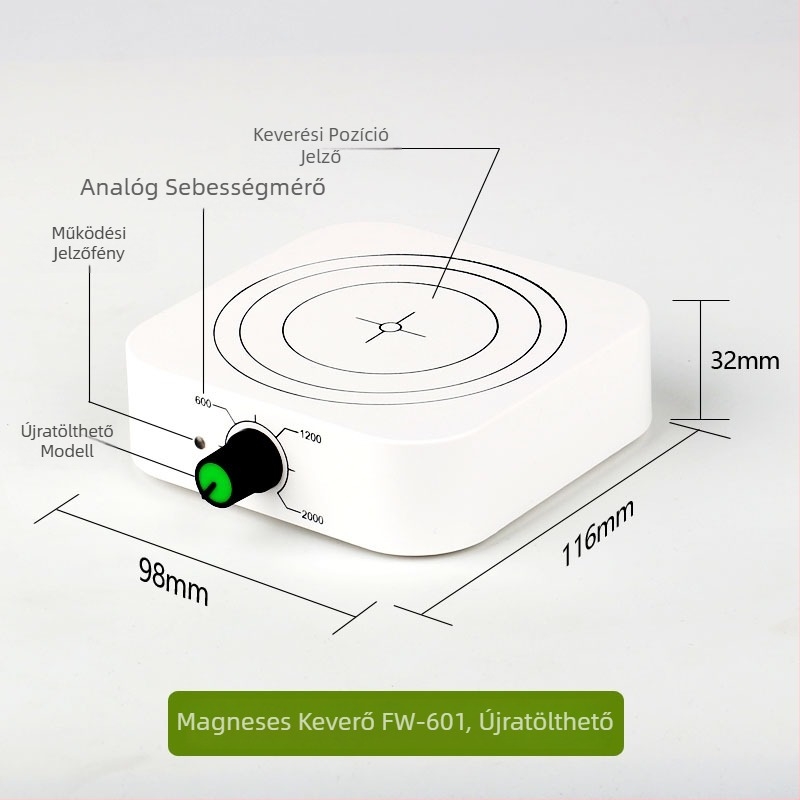 Laboratóriumi mágneses keverő FW 501 / FW 601, 1000 ml kapacitás, 110–240 V AC tápfeszültség, 240 V működési feszültség, tömeg 0,2 kg