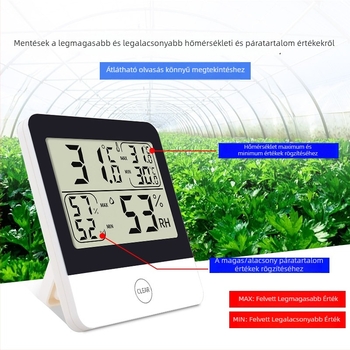 Üvegházhoz tervezett hőmérséklet- és páratartalom-mérő digitális kijelzővel, magas és alacsony hőmérsékleti rekordok, modell L-260