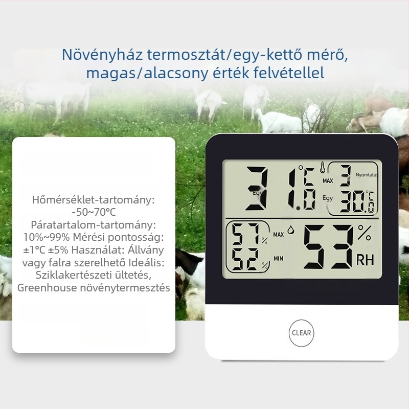 Üvegházhoz tervezett hőmérséklet- és páratartalom-mérő digitális kijelzővel, magas és alacsony hőmérsékleti rekordok, modell L-260