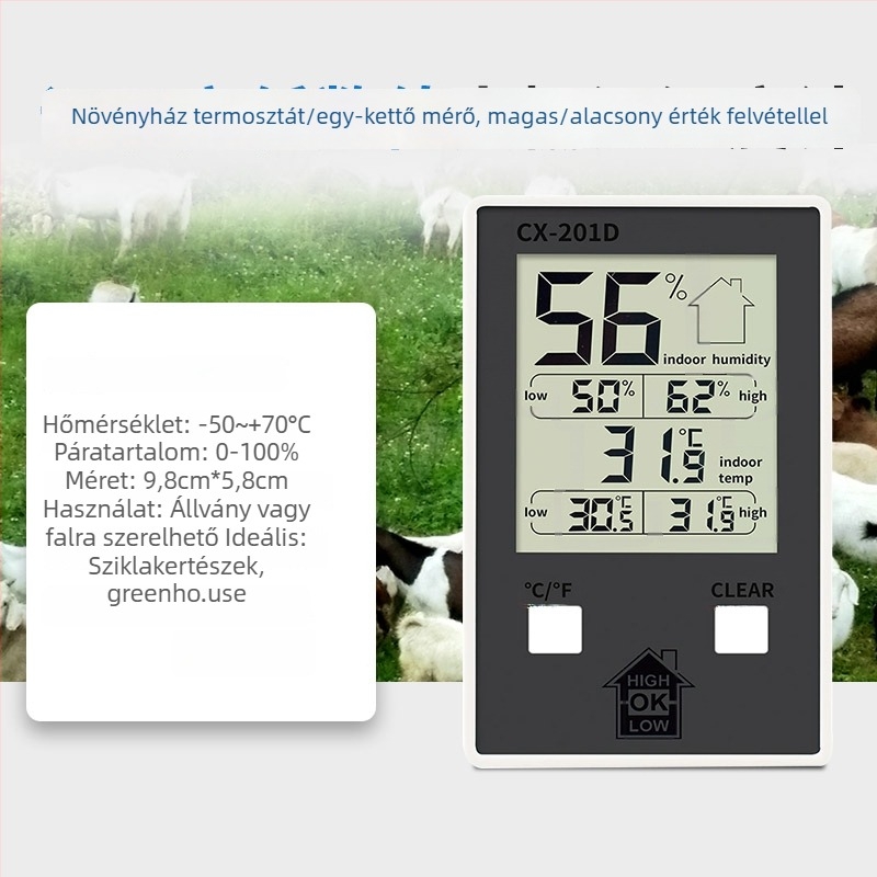 Üvegházhoz tervezett hőmérséklet- és páratartalom-mérő digitális kijelzővel, magas és alacsony hőmérsékleti rekordok, modell L-260