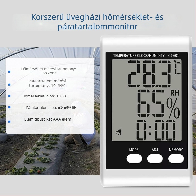 Üvegházhoz tervezett hőmérséklet- és páratartalom-mérő digitális kijelzővel, magas és alacsony hőmérsékleti rekordok, modell L-260