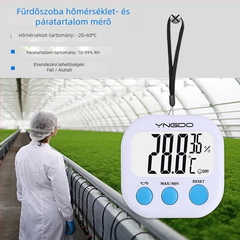 Üvegházhoz tervezett hőmérséklet- és páratartalom-mérő digitális kijelzővel, magas és alacsony hőmérsékleti rekordok, modell L-260