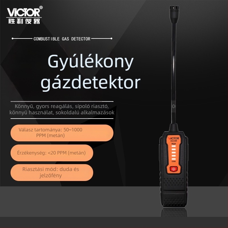 Kompakt éghető gázdetektor VC822M - 50-1000 PPM metán, érzékenység <20 PPM, gyors reagálás, 2× AAA elem, sípoló hang és indikátor