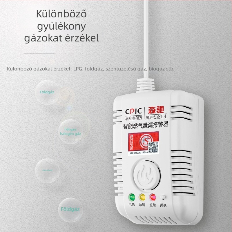 Otthoni gázszivárgás-detektor, SC-MQ05 modell, falra szerelhető, AC 220V, 360° észlelés, kábeles kommunikáció