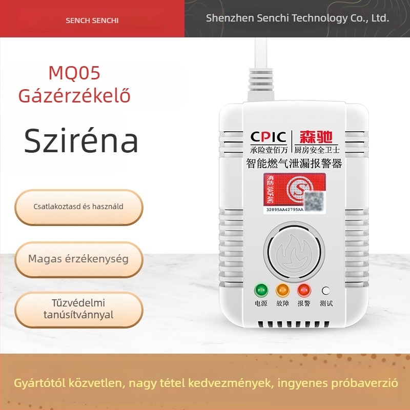 Otthoni gázszivárgás-detektor, SC-MQ05 modell, falra szerelhető, AC 220V, 360° észlelés, kábeles kommunikáció