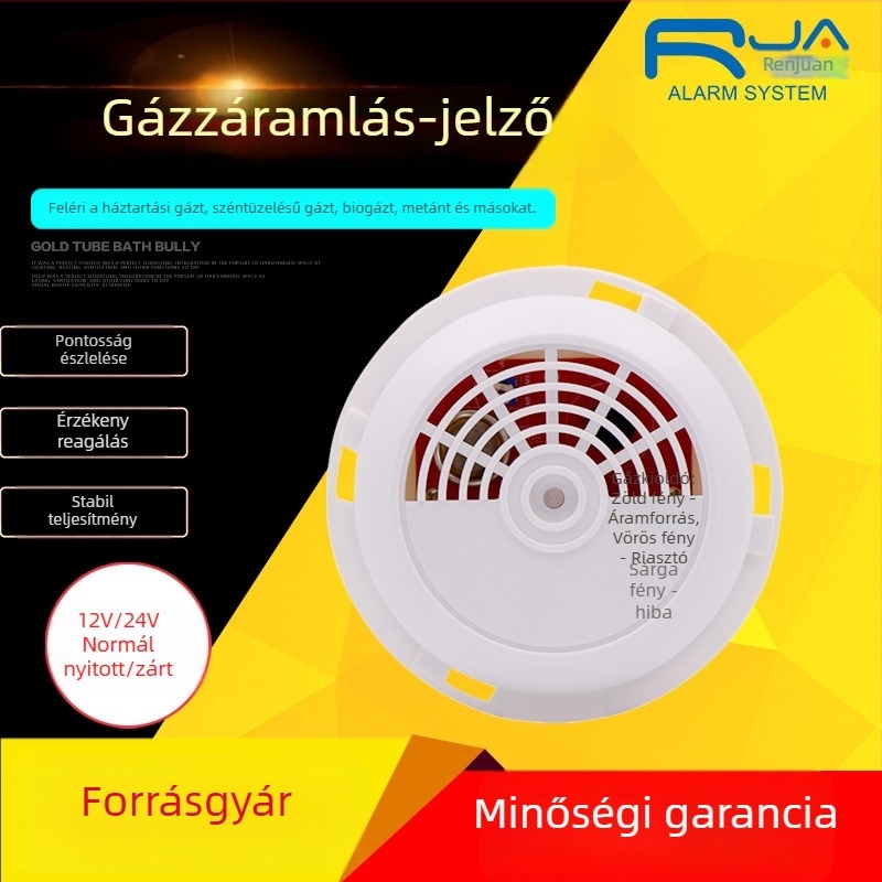 Gázriasztó detektor, 12V, mennyezeti szerelés, 360° észlelés, használható gázokra, természetes gázra és LPG-re, hang- és fényriasztás