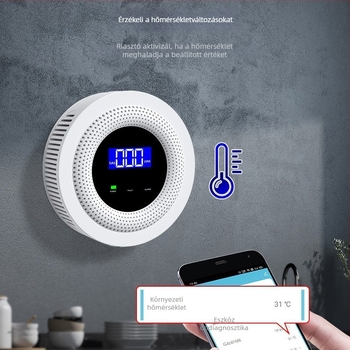 WiFi szénmonoxid- és gázriasztó, 360° érzékelés, 5V tápegység, vezeték nélküli 433MHz, falra szerelhető, app értesítésekkel