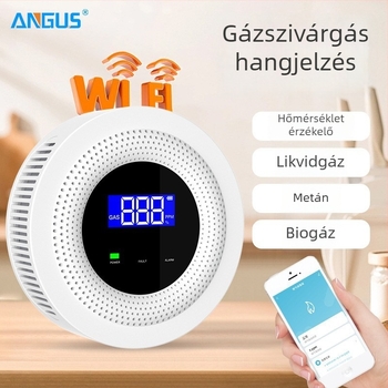 WiFi szénmonoxid- és gázriasztó, 360° érzékelés, 5V tápegység, vezeték nélküli 433MHz, falra szerelhető, app értesítésekkel