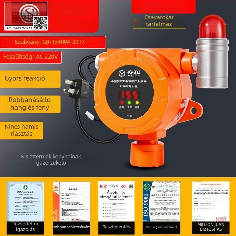 Hordozható gázszivárgás-detektor riasztással és záró szeleppel gyúlékony gázokhoz – mérési tartomány 20% LEL, pontosság ±3% LEL, 220V-os hálózati csatlakozás