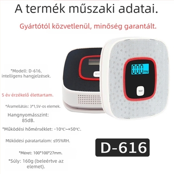 Otthoni szén-monoxid riasztó, vezeték nélküli CO detektor, D-616 modell, 180° észlelés, hang- és fényriasztás, falra szerelhető