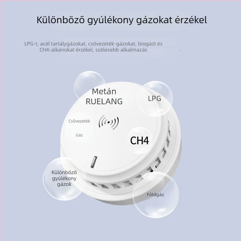 XL-202 gázriasztó természetes gáz és LPG számára, 360° észlelés, mennyezetre szerelhető, vezetékes csatlakozás, tápegység 12VDC–220VAC, hang- és fényriasztás