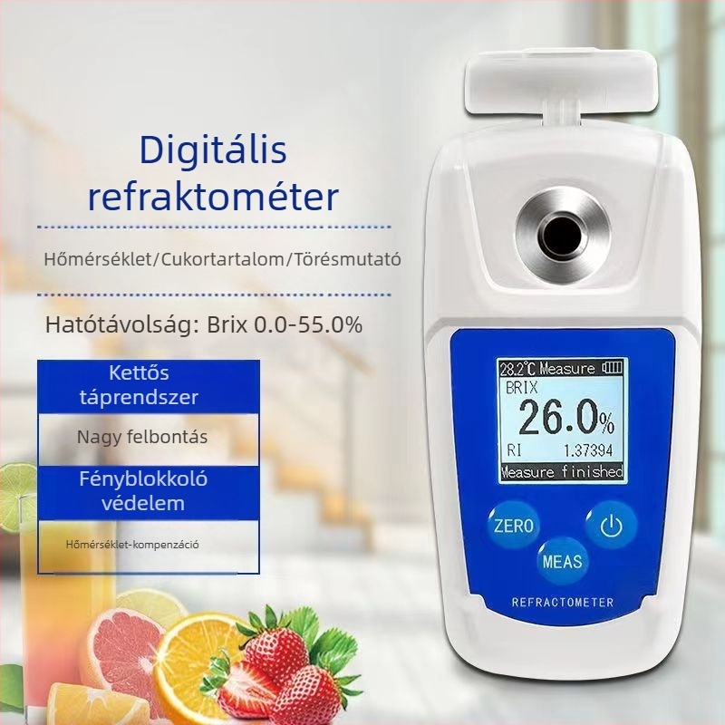 Kézi refraktométer 0-55, digitális LCD kijelző, cukortartalom mérő gyümölcsök és élelmiszerekhez, magas precizitás
