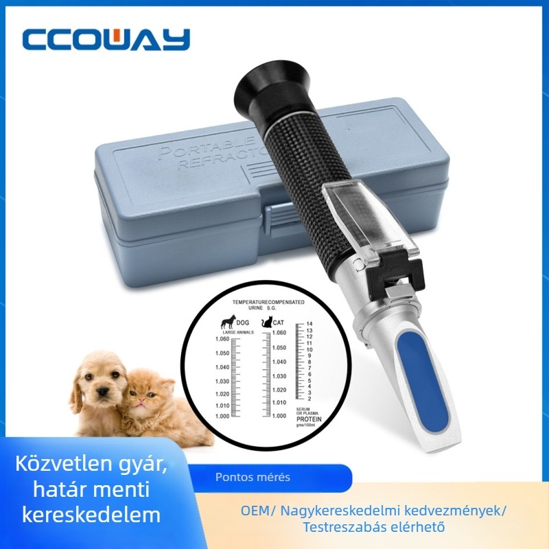 Kézi, hordozható klinikai refraktométer – kutyák és macskák számára, vizelet specifikus gravitációja és sérumfehérje-koncentráció mérése