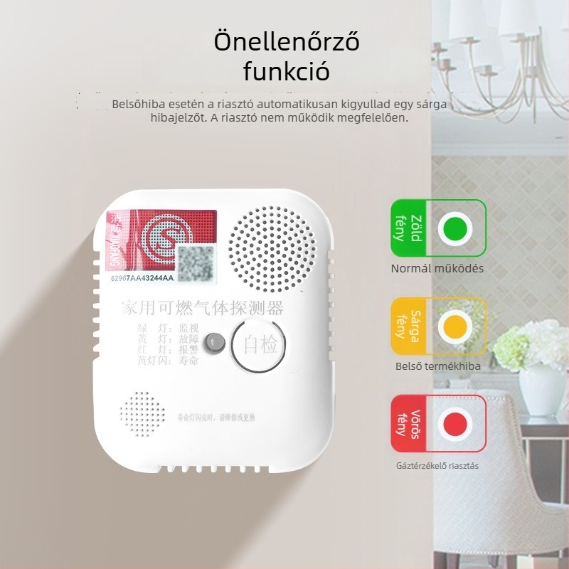 Családi gázriasztó CO/metán detektálással, fix típusú, 20 m²-es hatókör, 8%-os pontosság, 220V