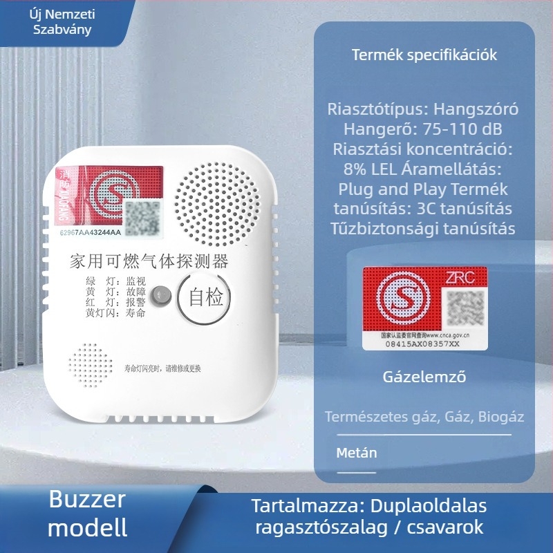 Családi gázriasztó CO/metán detektálással, fix típusú, 20 m²-es hatókör, 8%-os pontosság, 220V