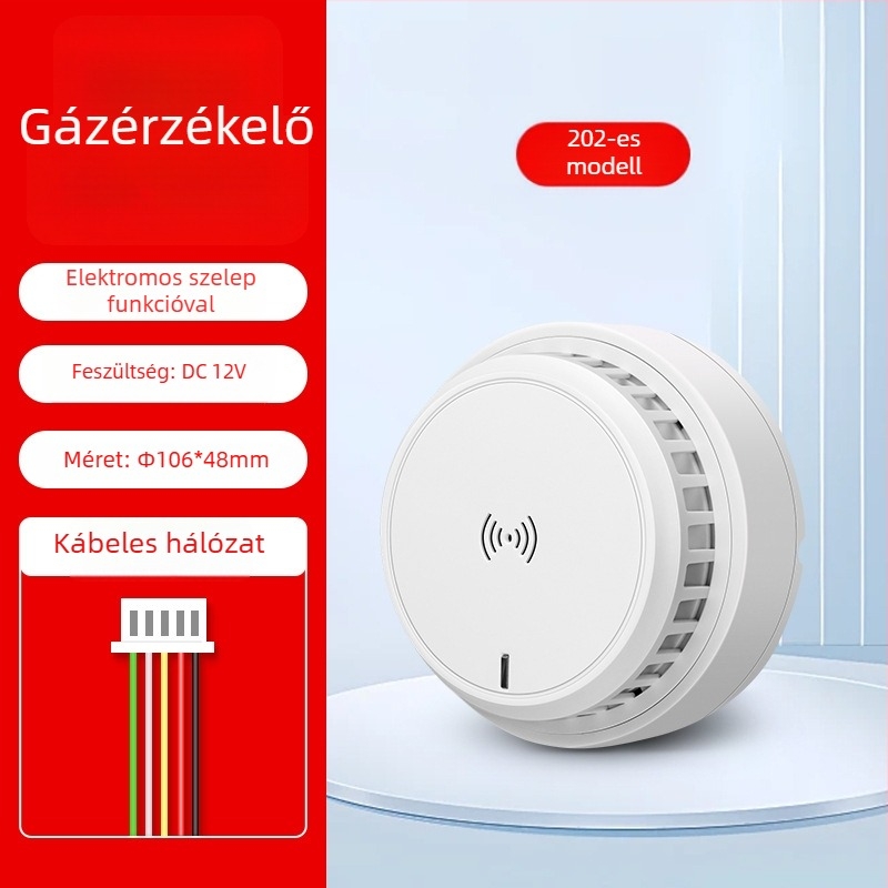 Otthoni gázriasztó detektor, mennyezetre szerelve, hálózatos kapcsolattal, 12V, 360° észlelés, 20–30 m hatótávolság, hang- és fényriasztás, HC-202