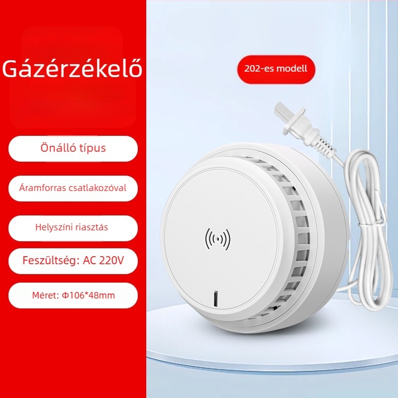 Otthoni gázriasztó detektor, mennyezetre szerelve, hálózatos kapcsolattal, 12V, 360° észlelés, 20–30 m hatótávolság, hang- és fényriasztás, HC-202