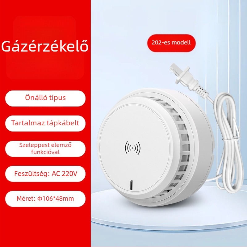 Otthoni gázriasztó detektor, mennyezetre szerelve, hálózatos kapcsolattal, 12V, 360° észlelés, 20–30 m hatótávolság, hang- és fényriasztás, HC-202