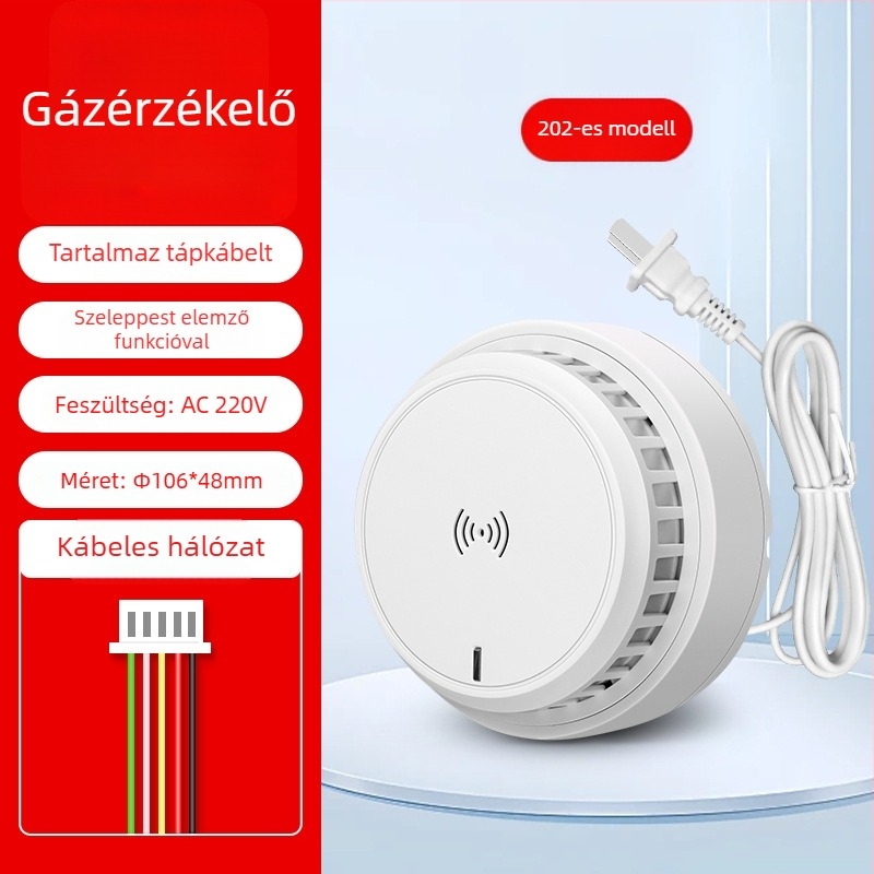 Otthoni gázriasztó detektor, mennyezetre szerelve, hálózatos kapcsolattal, 12V, 360° észlelés, 20–30 m hatótávolság, hang- és fényriasztás, HC-202