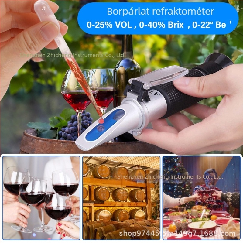 Hordozható borrefraktométer, 0-22 Brix, 0-25% alkohol, 0-40% cukor