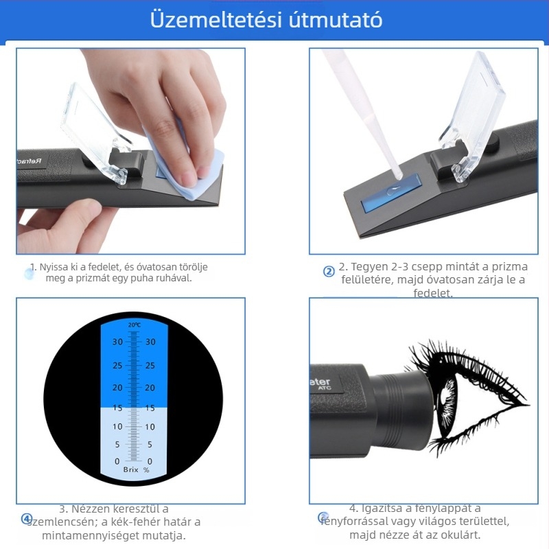 Kézi hordozható refraktométer, 0-32% Brix, szirupokhoz és gyümölcslevekhez