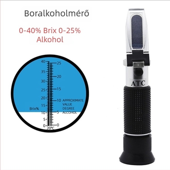 Kézi refraktométer az alkoholszint méréséhez szeszes italokban, sörben és borban; alkalmas sörfőzdékhez és otthoni főzéshez.