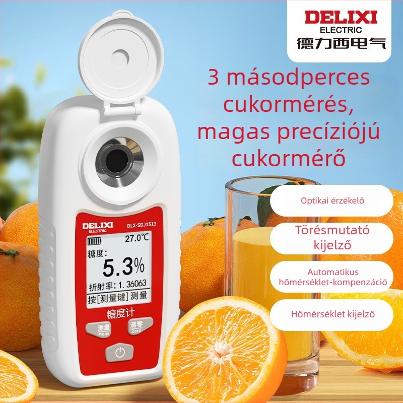 Delixi kézi cukorkoncentráció-mérő gyümölcsök és cukortartalmú oldatokhoz, felbontás 0.1, pontosság ±0.2%
