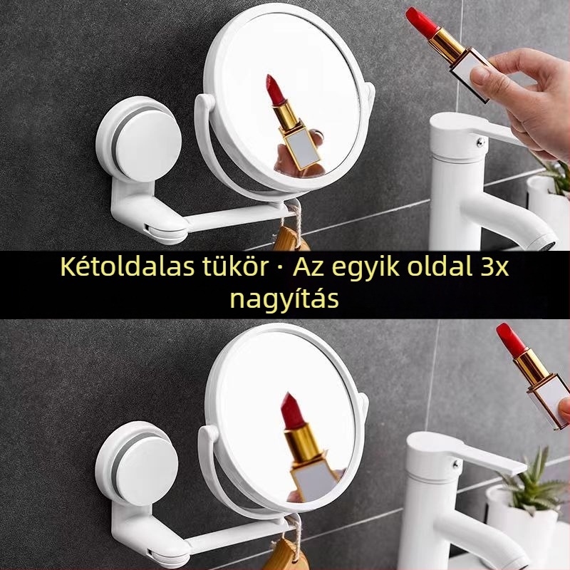 Sminktükör falra szerelhető, fúrás nélküli, összecsukható, ABS keret, ezüst tükör