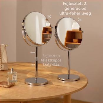 Asztali kétoldalú sminktükör, teleszkópos magasságállítás, fém keret, üveg lencse