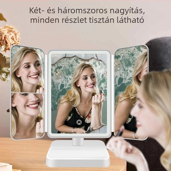 Íróasztali LED sminktükör, háromrészes összecsukható, nagyítással, érintéses vezérléssel, ABS keret
