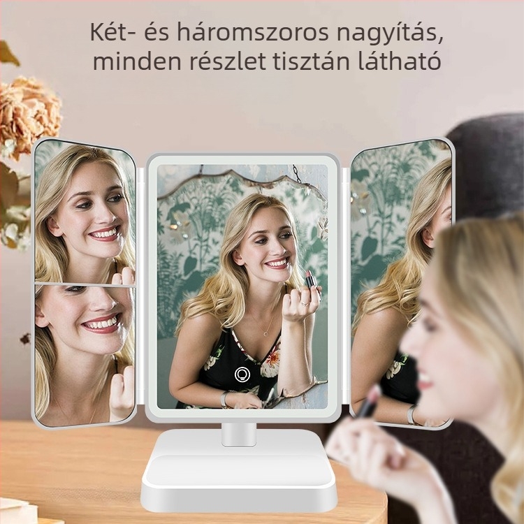 Íróasztali LED sminktükör, háromrészes összecsukható, nagyítással, érintéses vezérléssel, ABS keret