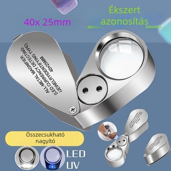 Nagyító 40x, kézi, hordozható, összecsukható, beépített világítással