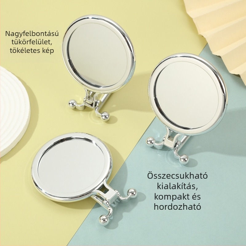 Összecsukható kerek, kétoldalas sminktükör ABS kerettel és üveglencsével; hordozható, asztalra tehető és állványon vagy falra akasztható