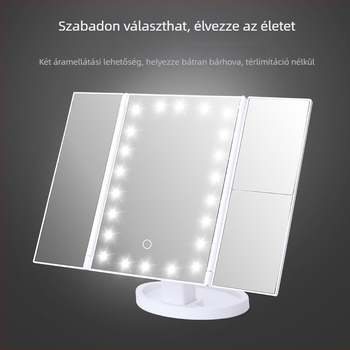 Háromrészes sminktükör lámpával, nagyítóval, asztali kozmetikai tükör