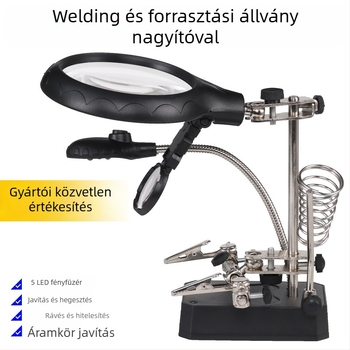 LED asztali nagyító lámpa PCB-javításhoz, 360°-os forgatható fej és forrasztási segéd