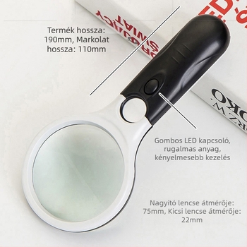 LED-es világítással ellátott multifunkcionális kézi nagyító, 75 mm átmérő, 3x és 45x nagyítás, olvasáshoz időseknek.