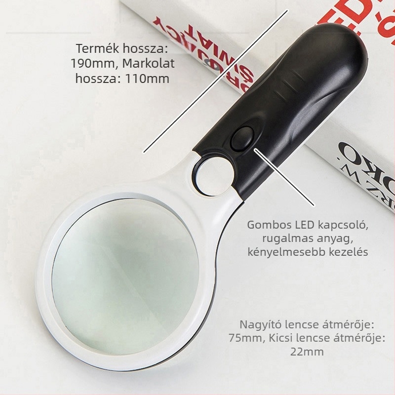 LED-es világítással ellátott multifunkcionális kézi nagyító, 75 mm átmérő, 3x és 45x nagyítás, olvasáshoz időseknek.